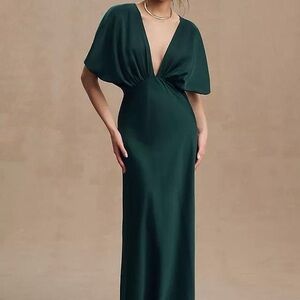 Elegant Anthropologie BHLDN Deep Green Emerald Evening Gown Formal Dress